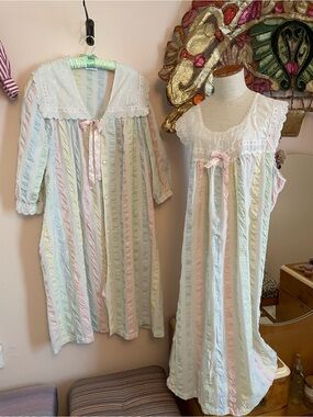 Pastel Stripe Cotton Nightgown and Robe Set with Lace Trim